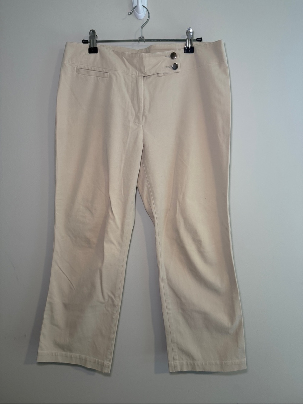 Eileen Fisher Beige Khaki Straight Leg Capri Pants Asymmetrical Button Small